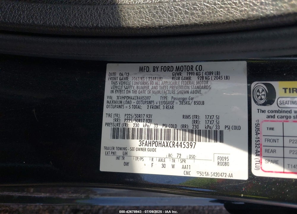 2012 FORD FUSION VIN: 3FAHP0HAXCR445397