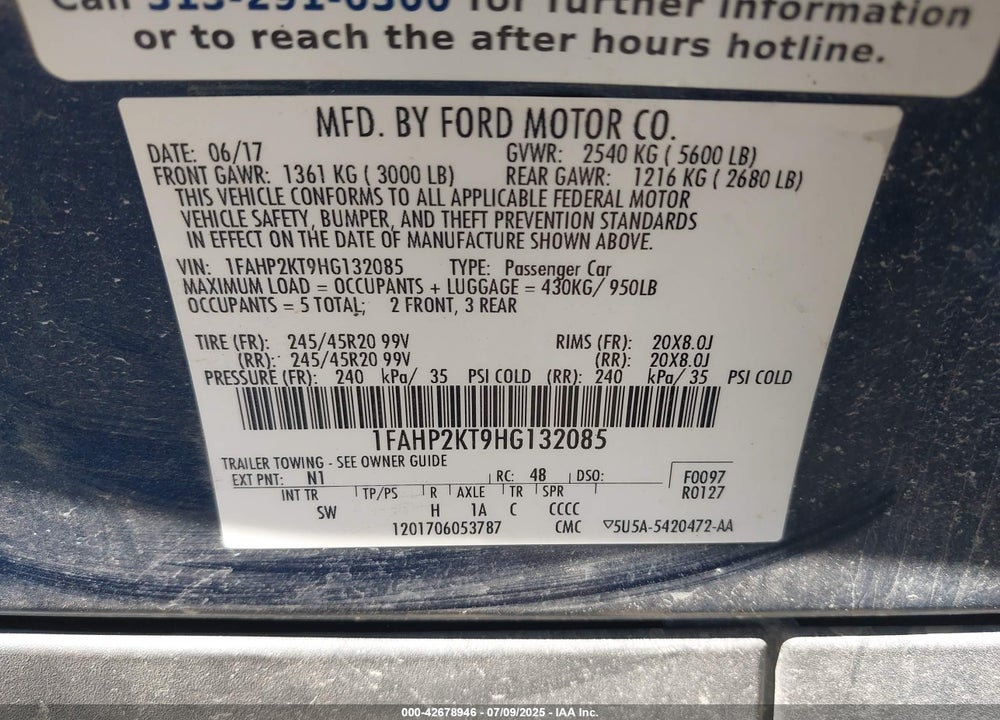2017 FORD TAURUS VIN: 1FAHP2KT9HG132085