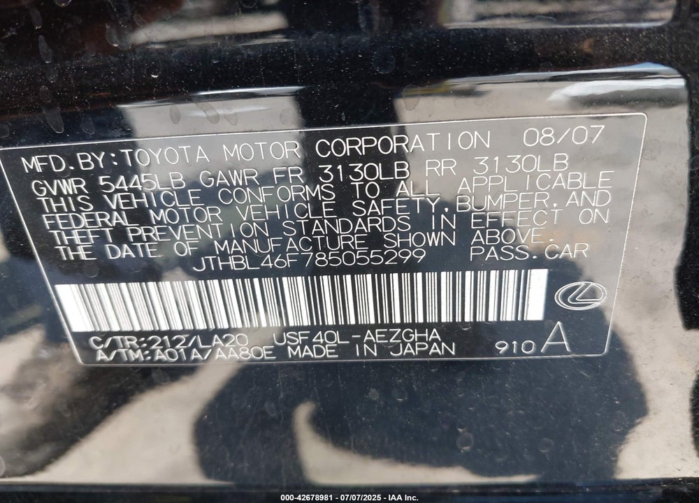 2008 LEXUS LS460 VIN: JTHBL46F785055299