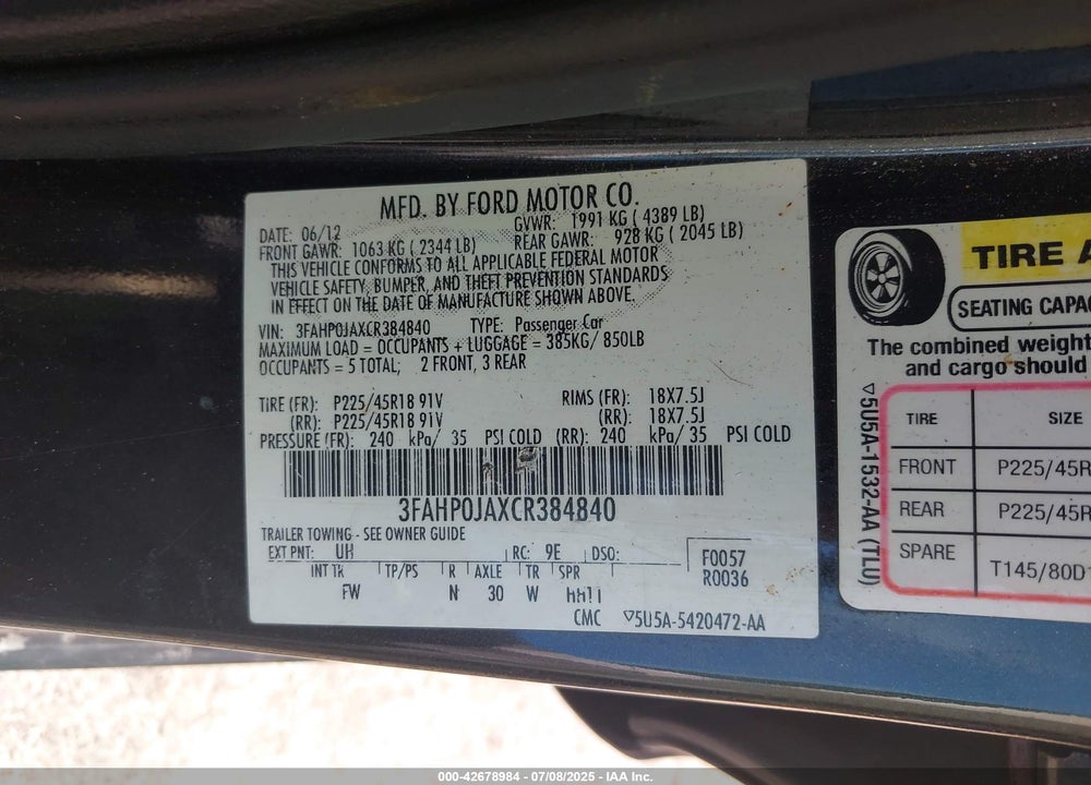 2012 FORD FUSION VIN: 3FAHP0JAXCR384840