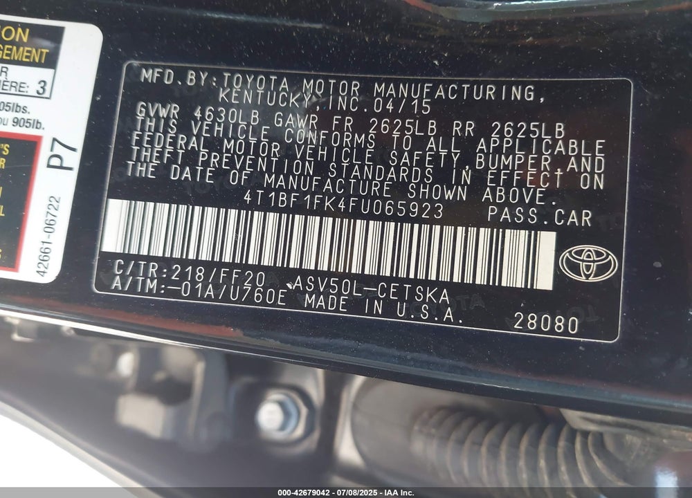 2015 TOYOTA CAMRY VIN: 4T1BF1FK4FU065923