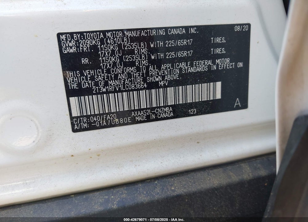 2020 TOYOTA RAV4 VIN: 2T3W1RFV1LC083664