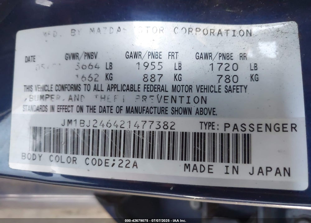 2002 MAZDA PROTEGE5 VIN: JM1BJ246421477382