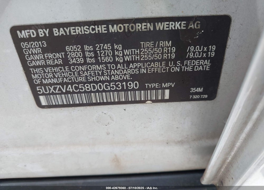 2013 BMW X5 VIN: 5UXZV4C58D0G53190