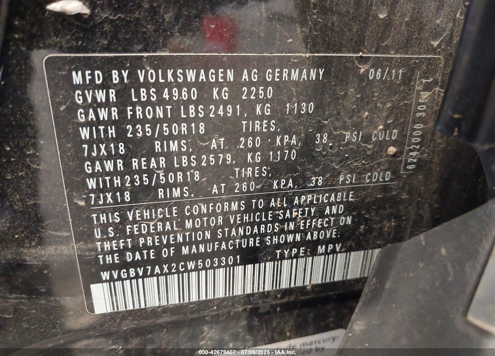 2012 VOLKSWAGEN TIGUAN VIN: WVGBV7AX2CW503301