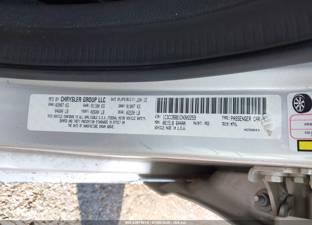 2012 CHRYSLER 200 TOURING VIN: 1C3CCBBB1CN302259