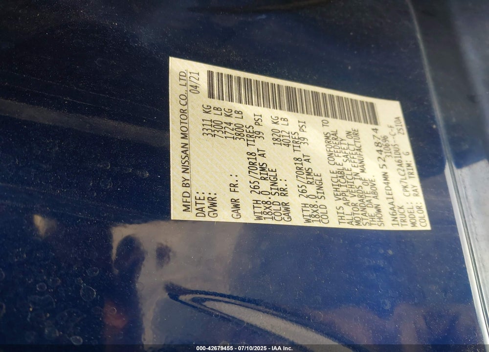 2021 NISSAN TITAN VIN: 1N6AA1ED4MN524874