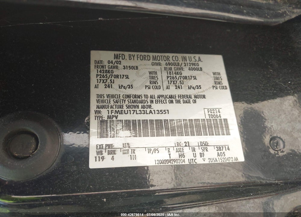 2003 FORD EXPEDITION EDDIE BAUER VIN: 1FMEU17L33LA13551