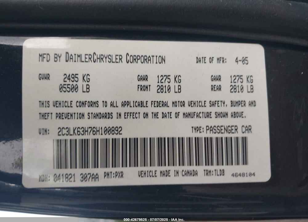 2006 CHRYSLER 300C VIN: 2C3LK63H76H100892