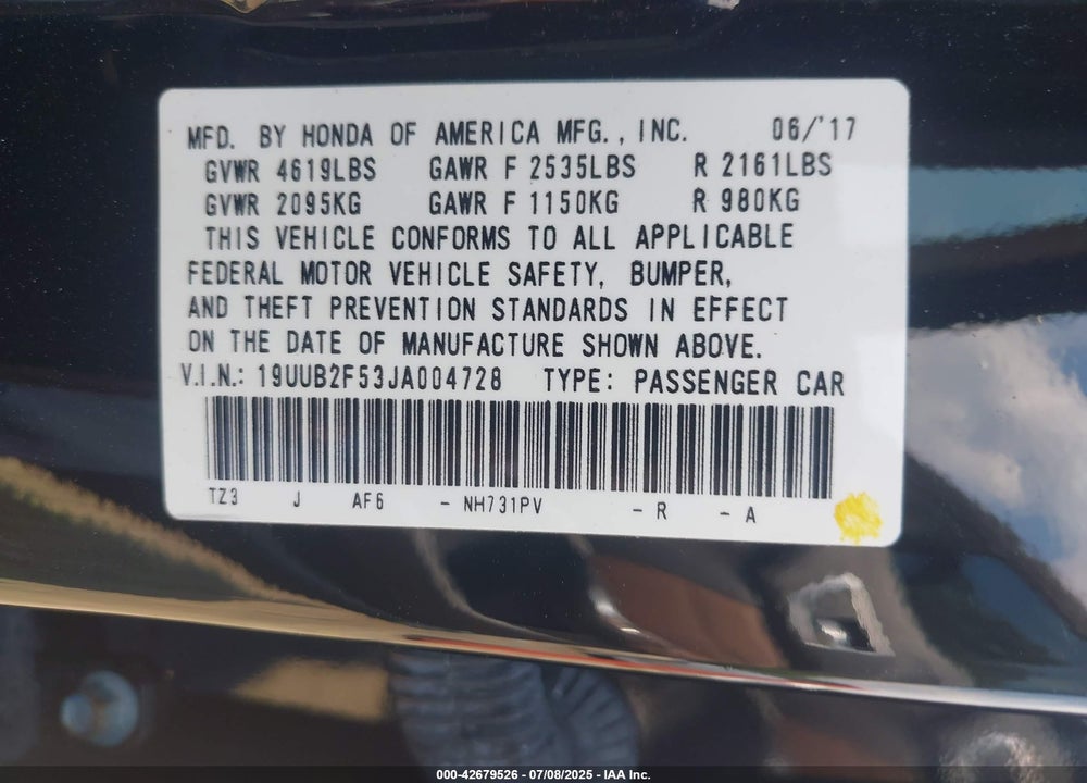 2018 ACURA TLX VIN: 19UUB2F53JA004728