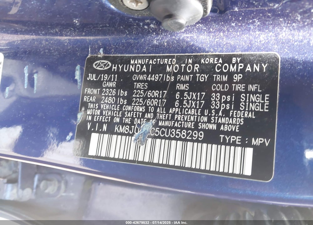2012 HYUNDAI TUCSON VIN: KM8JU3AC5CU358299