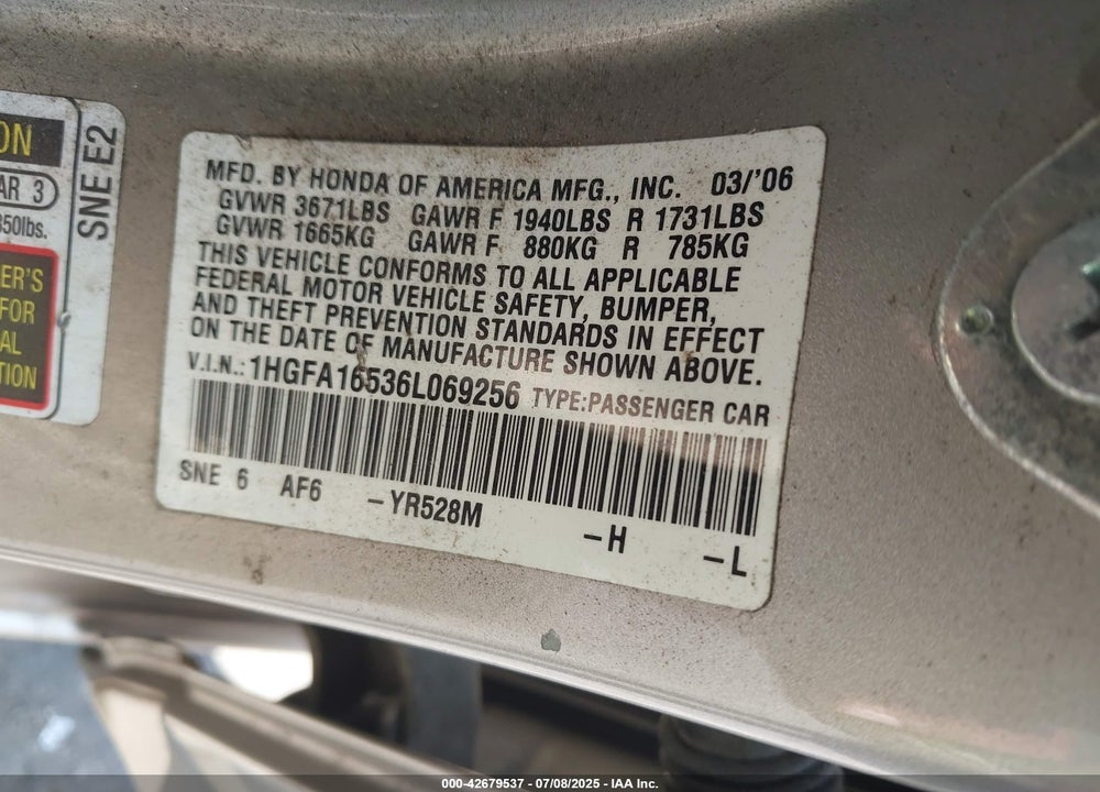 2006 HONDA CIVIC LX VIN: 1HGFA16536L069256