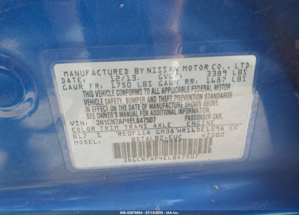 2014 NISSAN VERSA VIN: 3N1CN7AP4EL847507