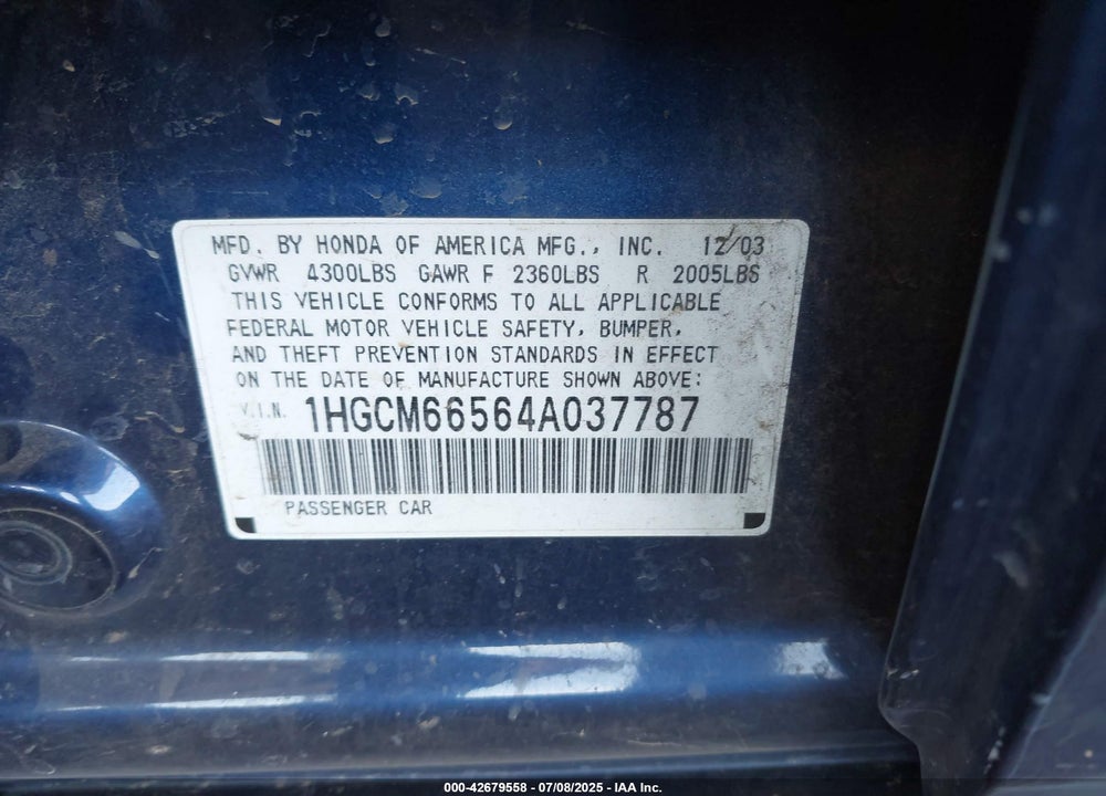 2004 HONDA ACCORD VIN: 1HGCM66564A037787