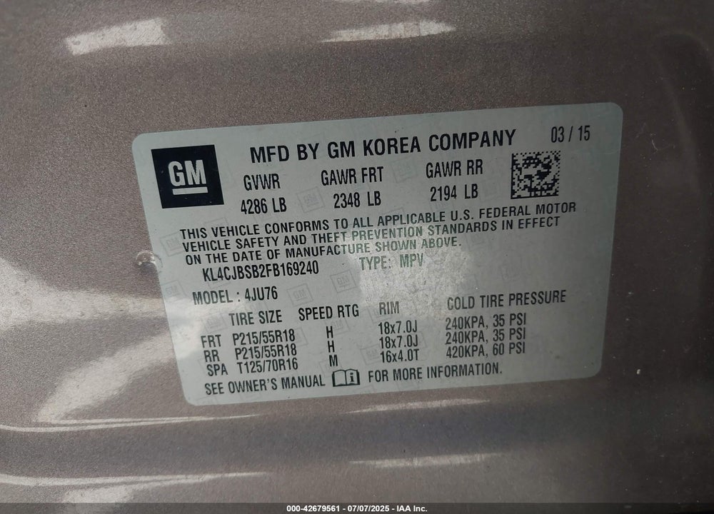 2015 BUICK ENCORE VIN: KL4CJBSB2FB169240