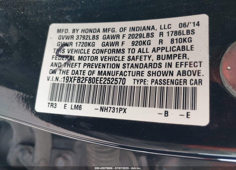 2014 HONDA CIVIC VIN: 19XFB2F80EE252570