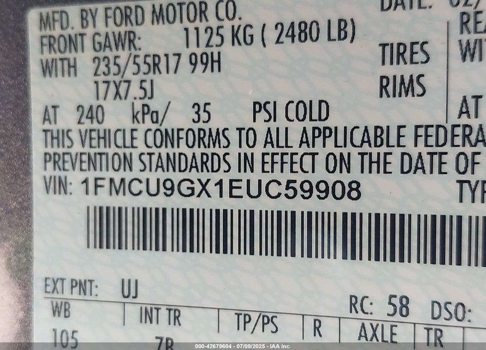 2014 FORD ESCAPE VIN: 1FMCU9GX1EUC59908