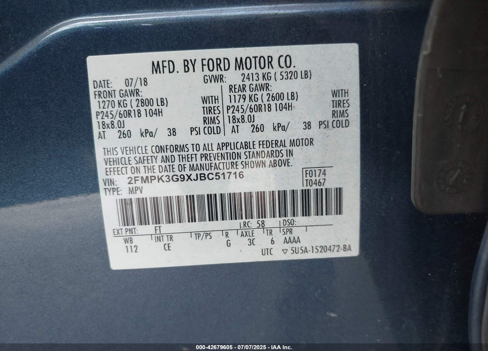2018 FORD EDGE VIN: 2FMPK3G9XJBC51716
