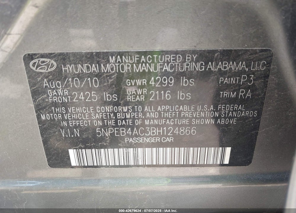 2011 HYUNDAI SONATA VIN: 5NPEB4AC3BH124866