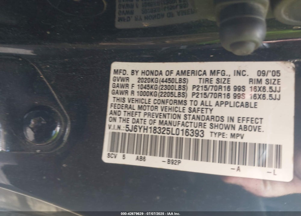 2005 HONDA ELEMENT LX VIN: 5J6YH18325L016393