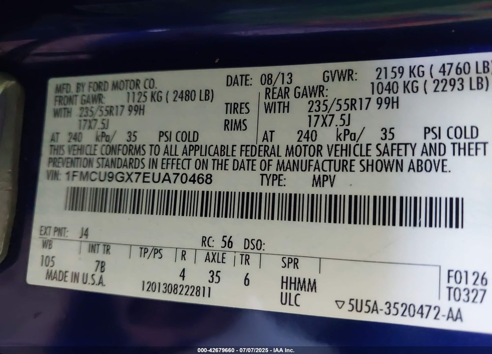 2014 FORD ESCAPE VIN: 1FMCU9GX7EUA70468