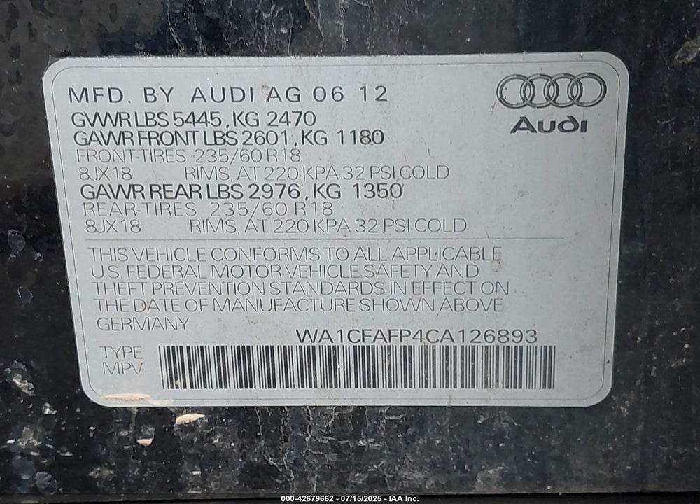2012 AUDI Q5 VIN: WA1CFAFP4CA126893