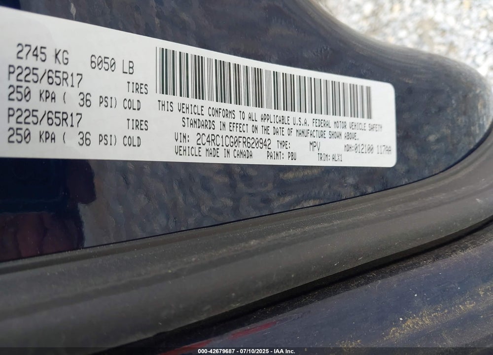 2015 CHRYSLER TOWN & COUNTRY TOURING-L VIN: 2C4RC1CG0FR620942
