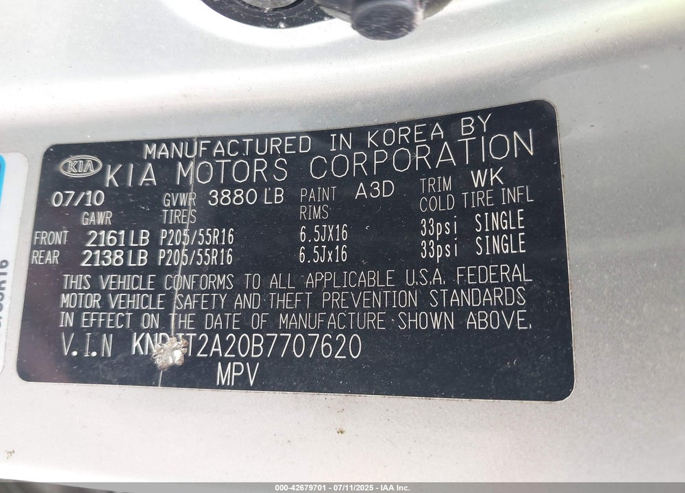 2011 KIA SOUL VIN: KNDJT2A20B7707620
