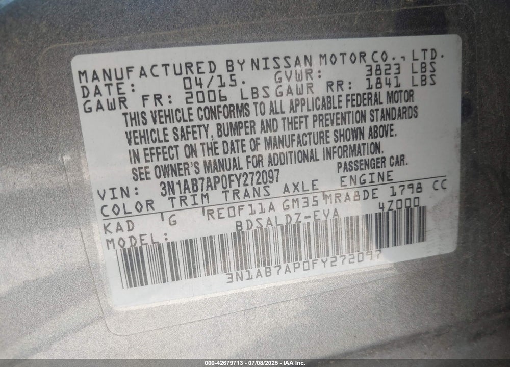2015 NISSAN SENTRA VIN: 3N1AB7AP0FY272097