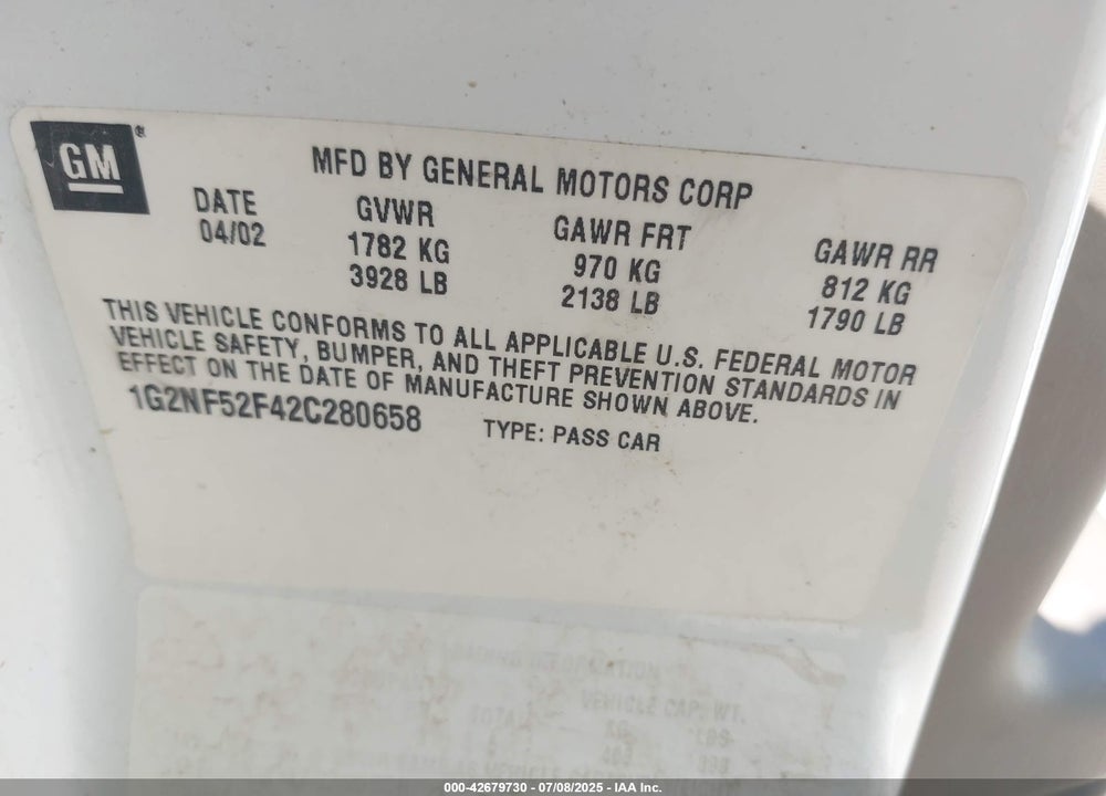 2002 PONTIAC GRAND AM SE1 VIN: 1G2NF52F42C280658