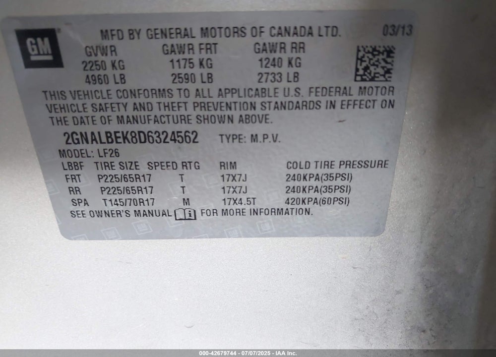 2013 CHEVROLET EQUINOX VIN: 2GNALBEK8D6324562
