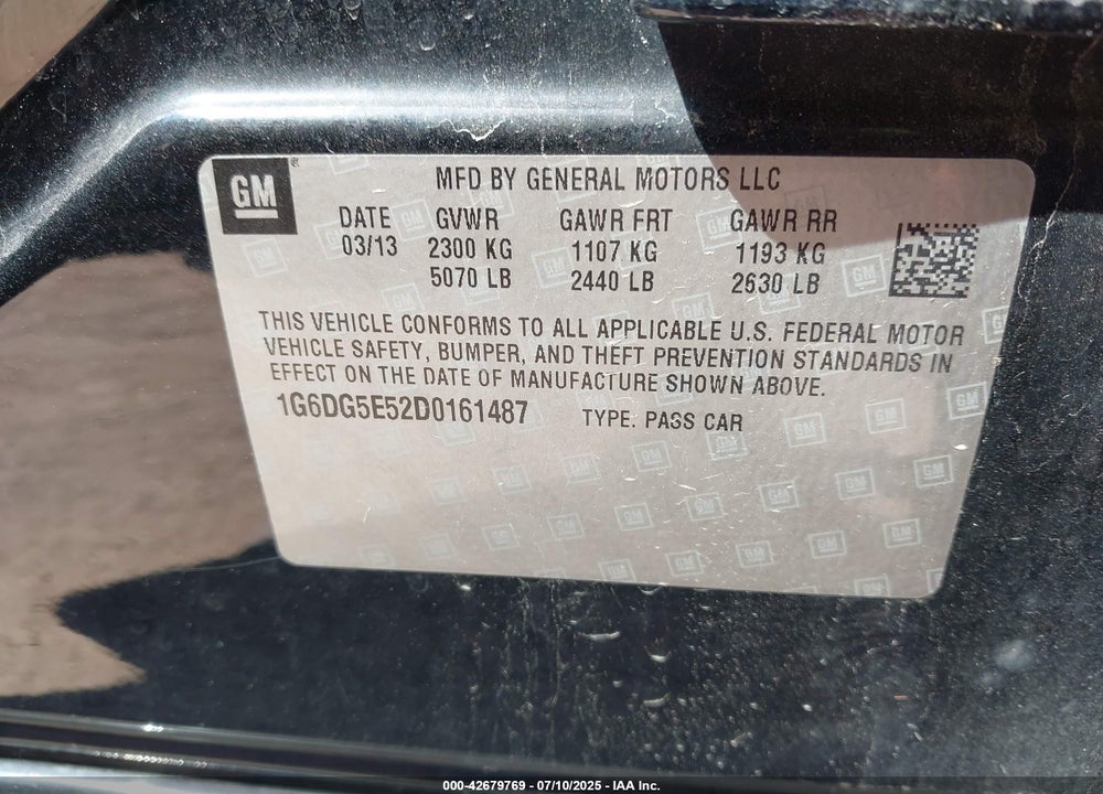 2013 CADILLAC CTS VIN: 1G6DG5E52D0161487