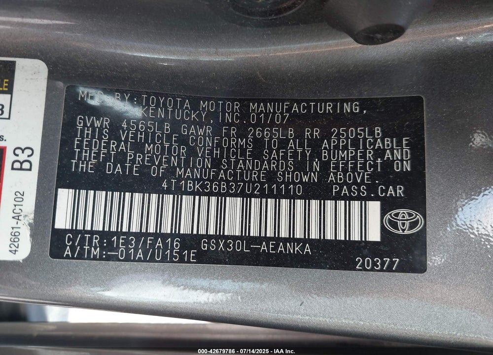 2007 TOYOTA AVALON VIN: 4T1BK36B37U211110