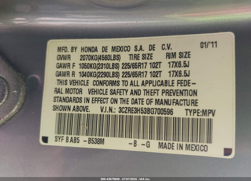 2011 HONDA CR-V EX VIN: 3CZRE3H53BG700596