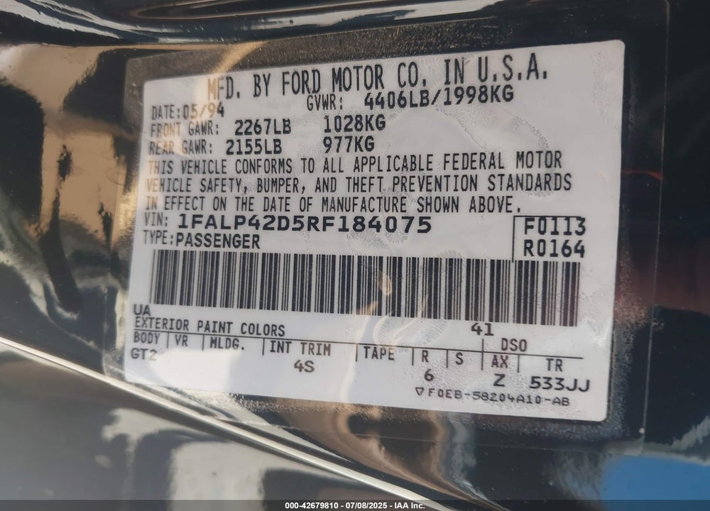 1994 FORD MUSTANG COBRA VIN: 1FALP42D5RF184075