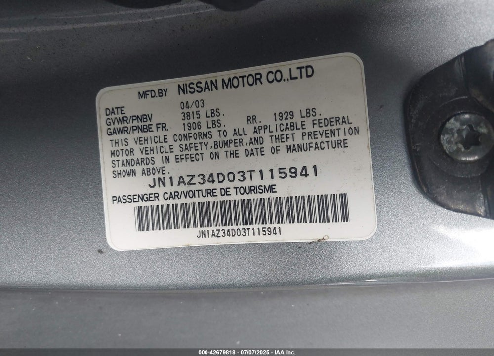 2003 NISSAN 350Z ENTHUSIAST VIN: JN1AZ34D03T115941
