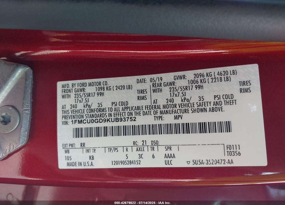 2019 FORD ESCAPE VIN: 1FMCU0GD9KUB93752