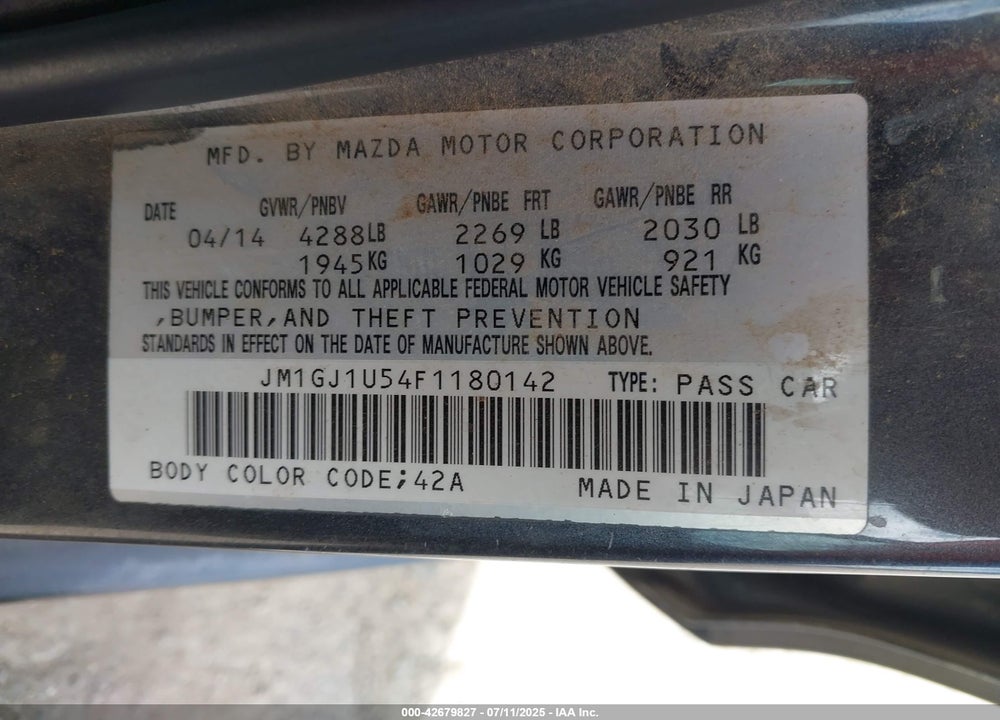 2015 MAZDA 6 VIN: JM1GJ1U54F1180142