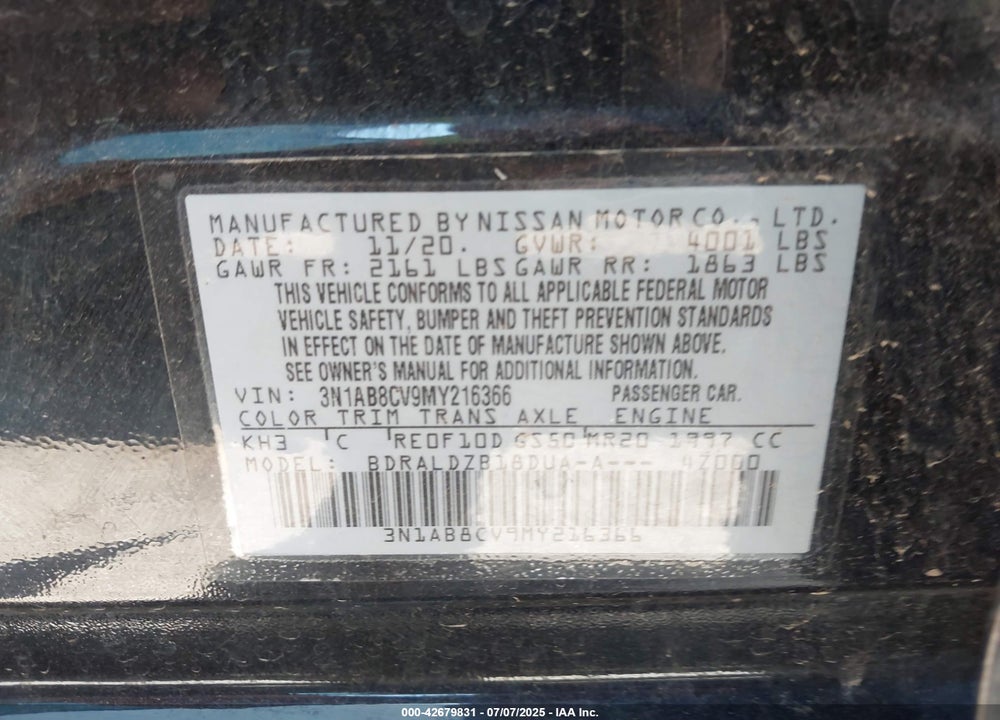 2021 NISSAN SENTRA VIN: 3N1AB8CV9MY216366