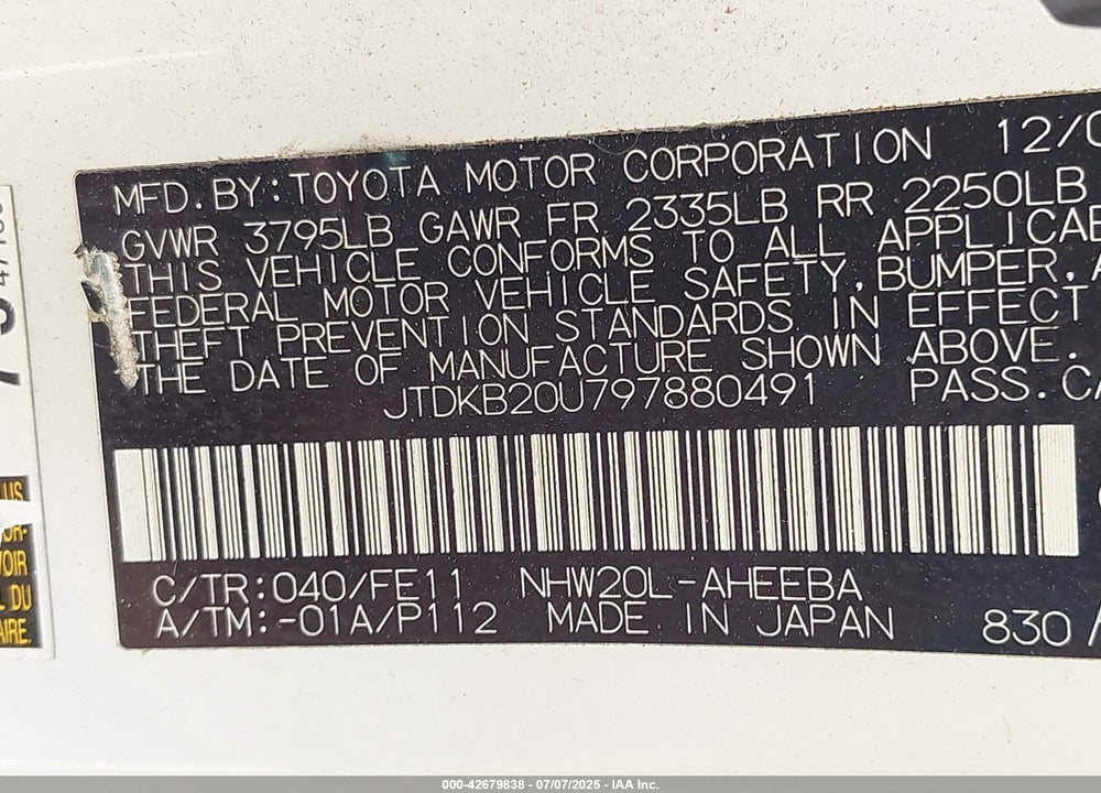 2009 TOYOTA PRIUS VIN: JTDKB20U797880491