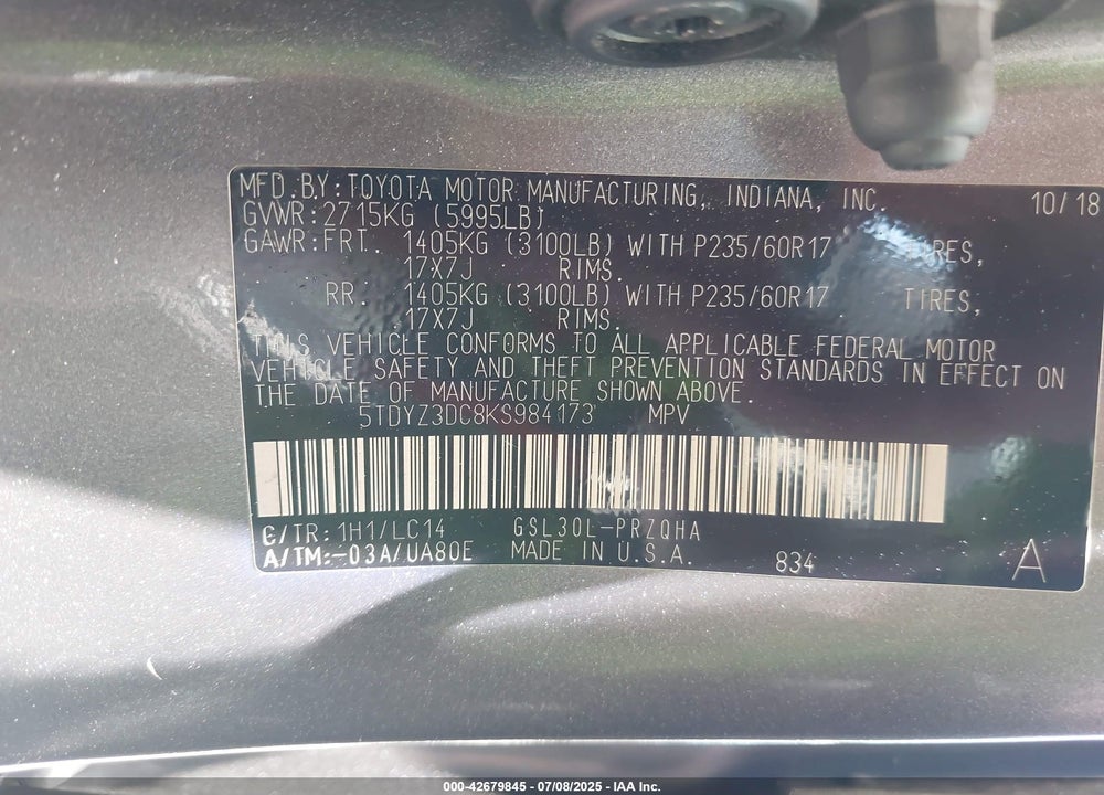 2019 TOYOTA SIENNA XLE 8 PASSENGER VIN: 5TDYZ3DC8KS984173