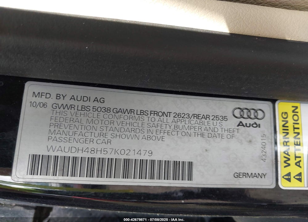 2007 AUDI A4 VIN: WAUDH48H57K021479