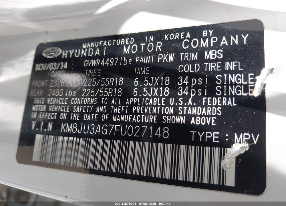 2015 HYUNDAI TUCSON VIN: KM8JU3AG7FU027148