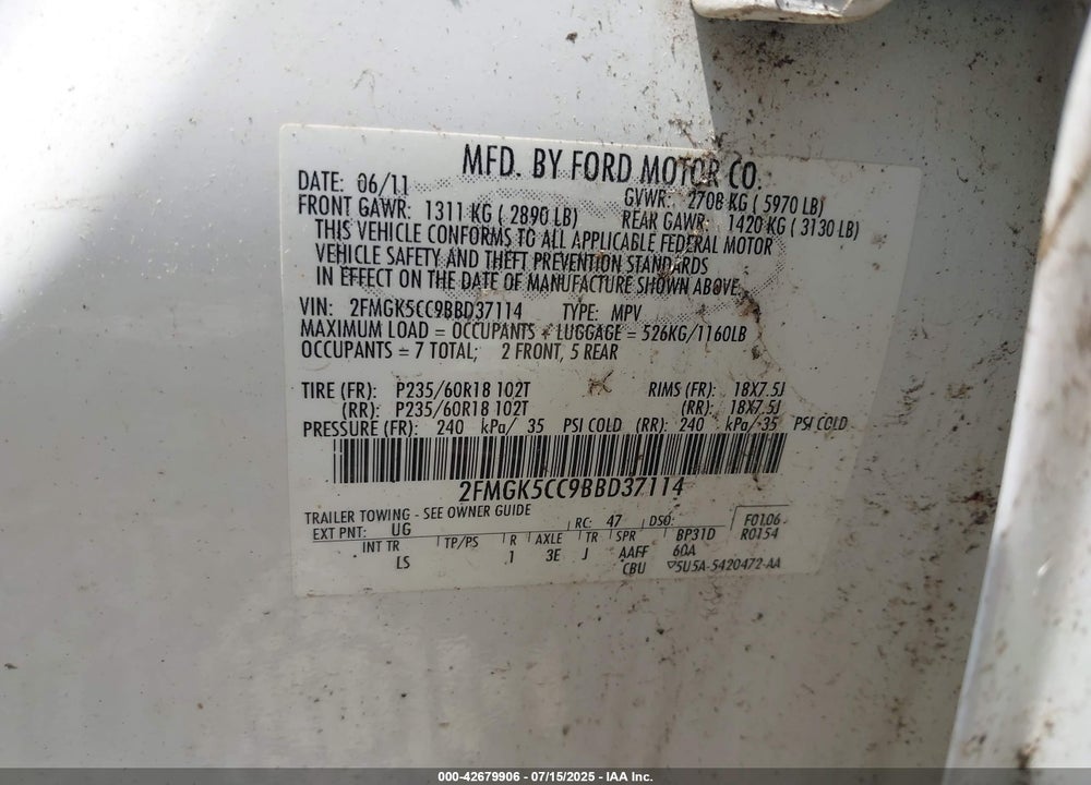 2011 FORD FLEX VIN: 2FMGK5CC9BBD37114