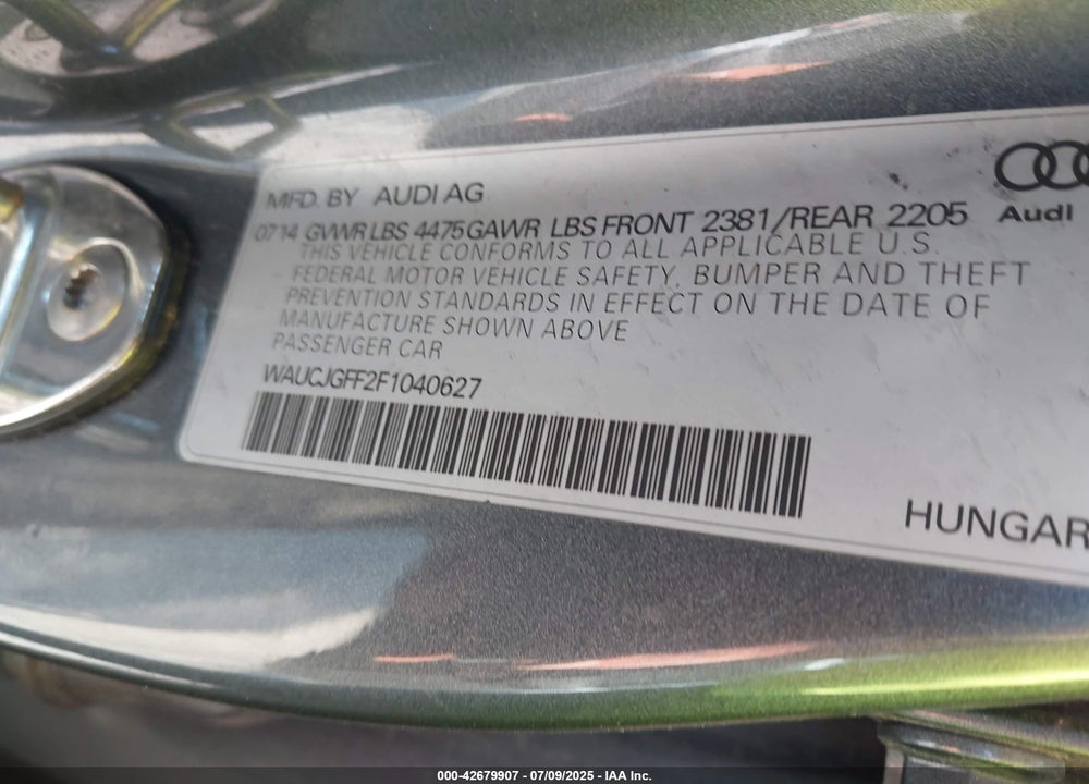 2015 AUDI A3 2.0 TDI PREMIUM VIN: WAUCJGFF2F1040627