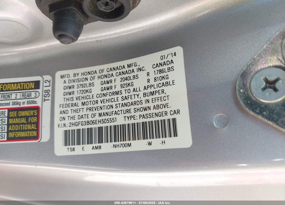 2014 HONDA CIVIC VIN: 2HGFG3B06EH505551