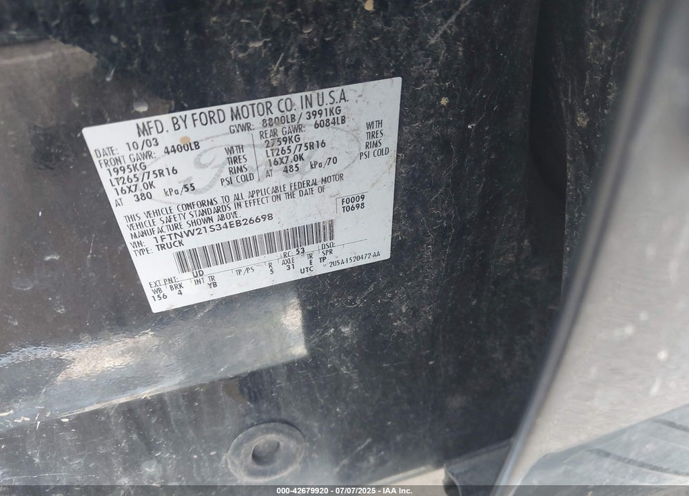 2004 FORD F-250 LARIAT/XL/XLT VIN: 1FTNW21S34EB26698