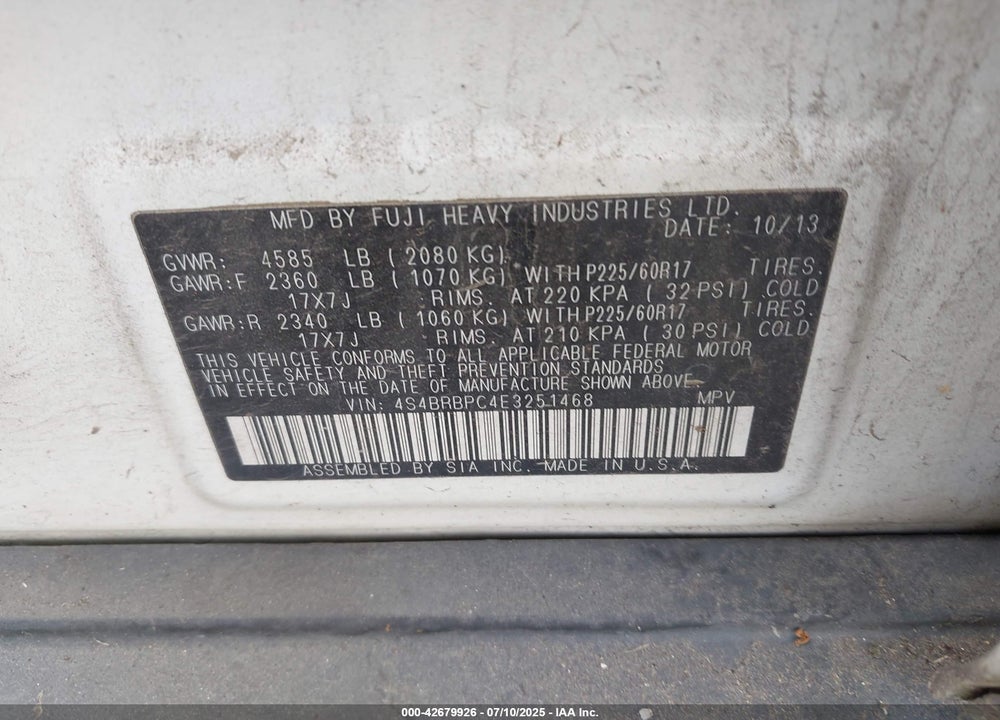 2014 SUBARU OUTBACK 2.5I LIMITED VIN: 4S4BRBPC4E3251468