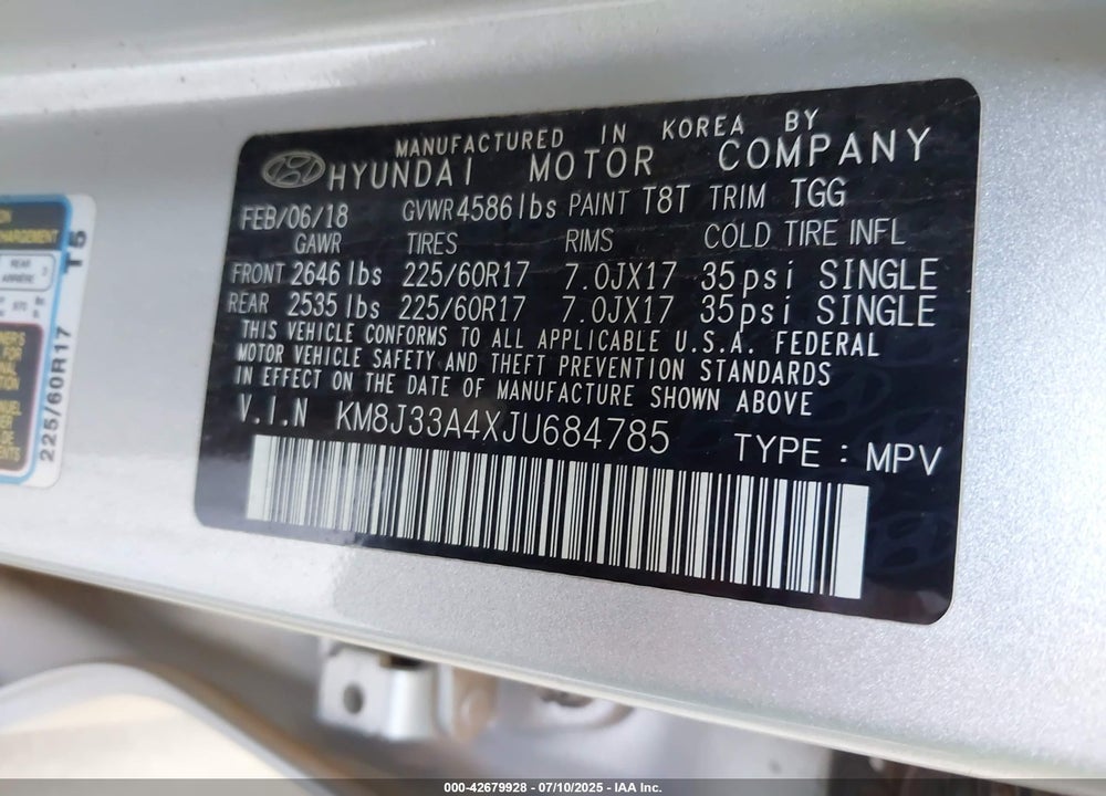 2018 HYUNDAI TUCSON VIN: KM8J33A4XJU684785