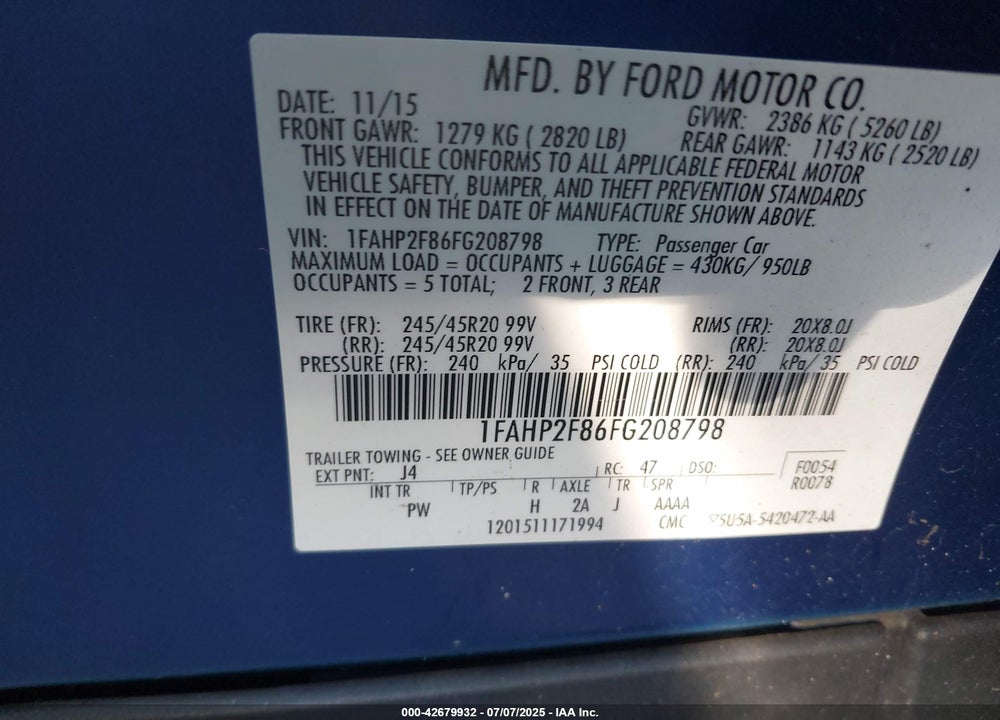 2015 FORD TAURUS LIMITED VIN: 1FAHP2F86FG208798